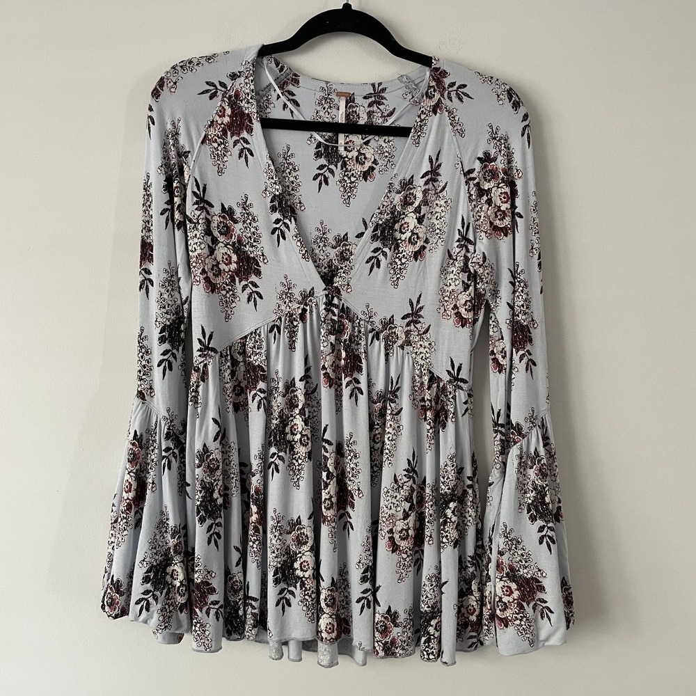 Free People Speak Easy Babydoll Floral Top Sz M Bell Sleeve Boho Cottage Western